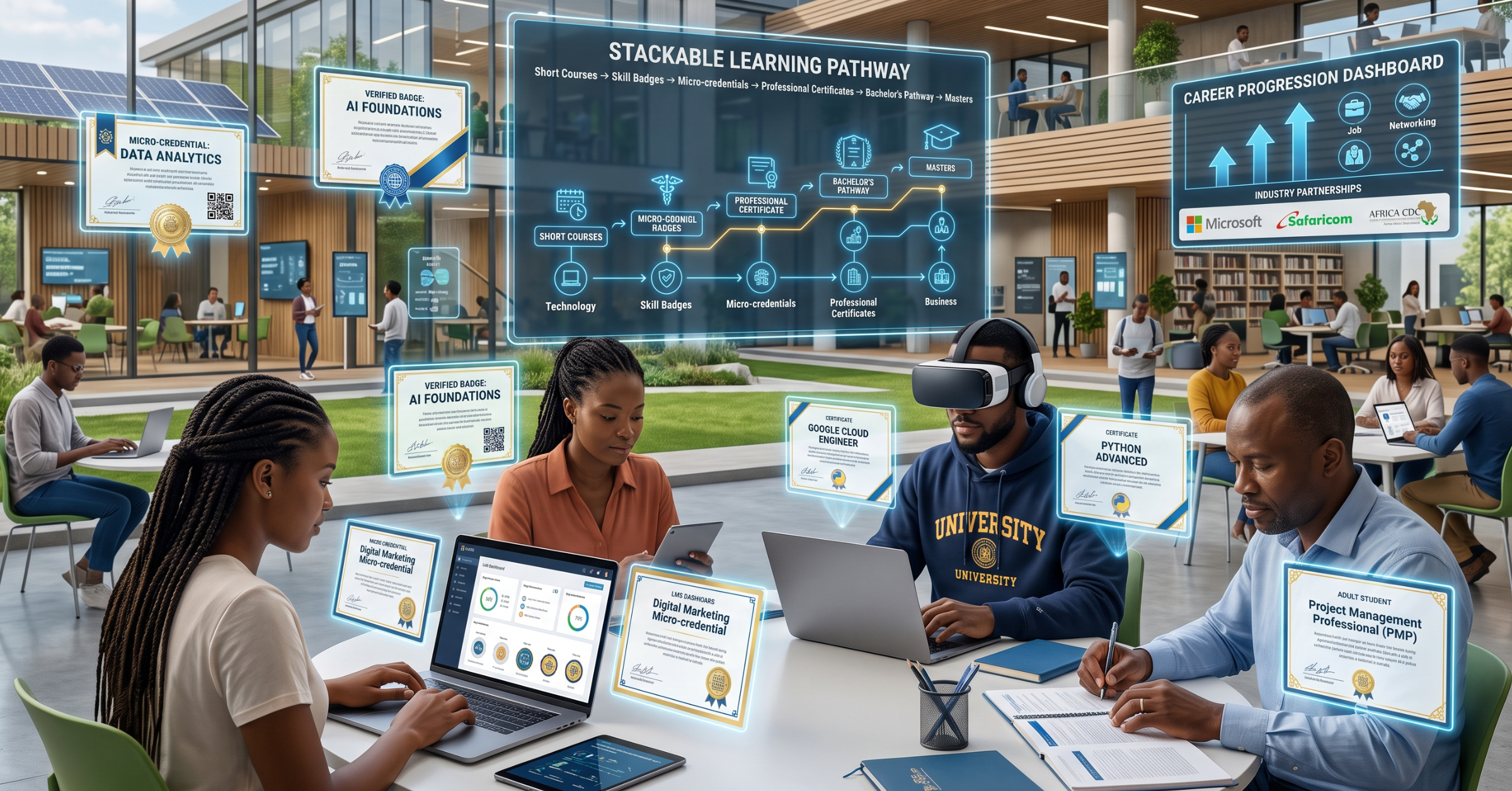 Show a modern African university promoting flexible, skills-based learning. Feature students and working professionals using laptops to earn digital badges, certificates, and micro-credentials through an online learning platform. Include visual elements such as stackable learning pathways, career progression, digital credential verification, and university branding to represent the future of lifelong learning and workforce-ready education.