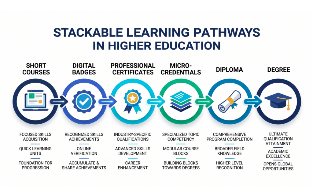 Create an infographic-style illustration explaining different learning pathways. Display a progression from Short Courses → Digital Badges → Professional Certificates → Micro-Credentials → Diploma → Degree. Use simple icons and connecting arrows to show how learners can build qualifications step by step through stackable credentials.