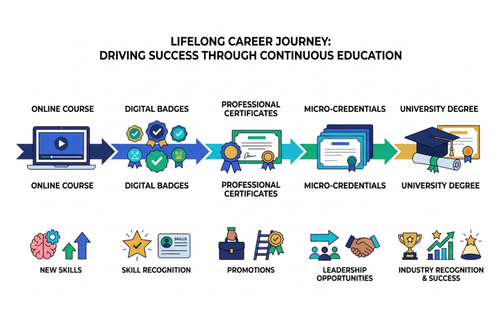 Show a learner's career journey beginning with an online course and progressing through digital badges, professional certificates, micro-credentials, and eventually a university degree. Include career milestones such as promotions, new job opportunities, and skill development to demonstrate continuous learning and professional growth.