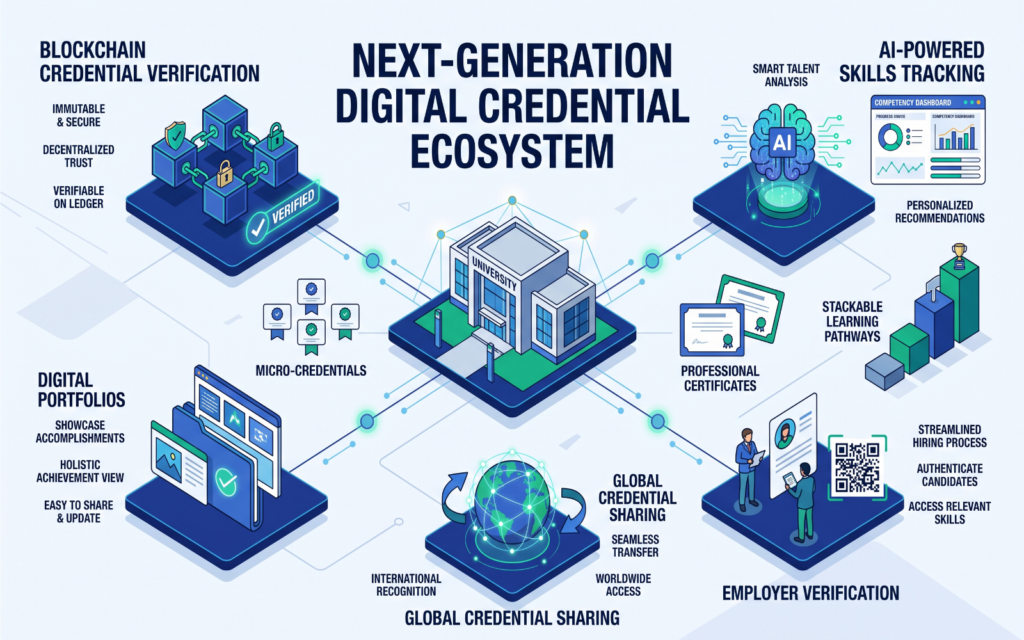Create a futuristic digital credential ecosystem featuring blockchain credential verification, AI-powered skills tracking, digital portfolios, global credential sharing, employer verification, and lifelong learning records. The image should represent how universities are evolving beyond traditional degrees to deliver flexible, globally recognized credentials that meet future workforce demands.