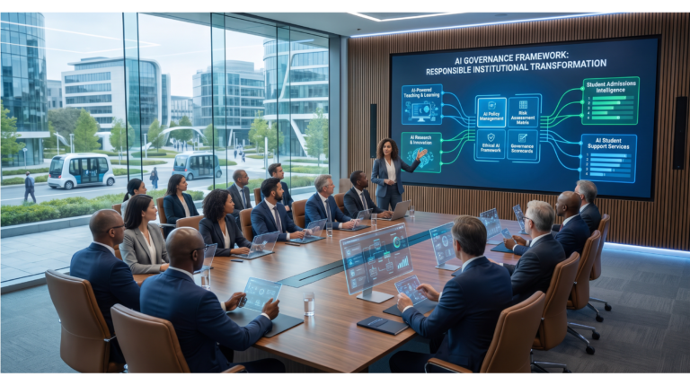 Show university executives and IT leaders in a modern boardroom discussing AI governance using a large digital dashboard. Display AI-powered teaching, research, admissions, and student support alongside governance elements such as policy management, risk assessment, data privacy, ethics, and compliance. The image should represent responsible AI adoption and strategic leadership in higher education.