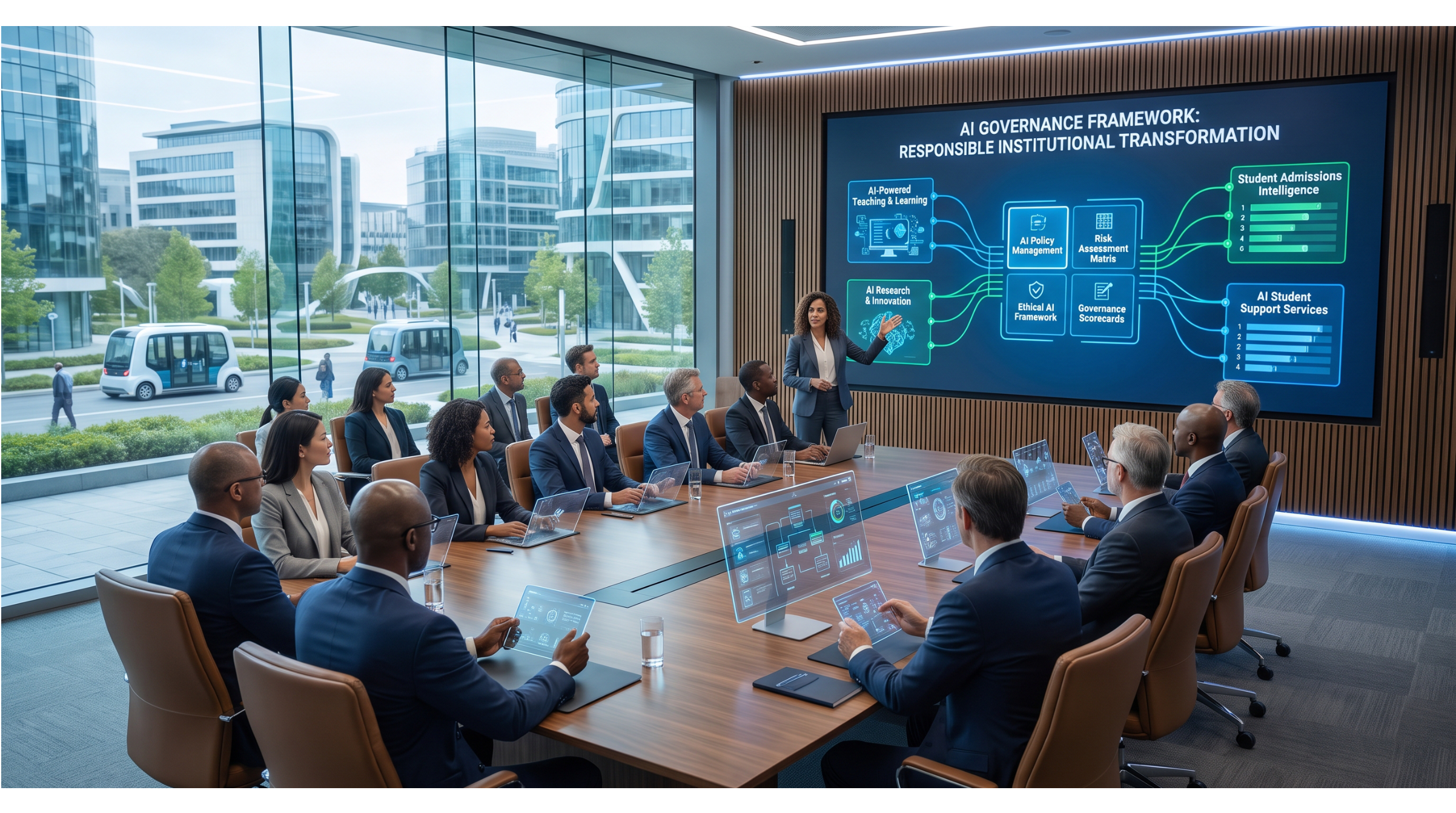Show university executives and IT leaders in a modern boardroom discussing AI governance using a large digital dashboard. Display AI-powered teaching, research, admissions, and student support alongside governance elements such as policy management, risk assessment, data privacy, ethics, and compliance. The image should represent responsible AI adoption and strategic leadership in higher education.