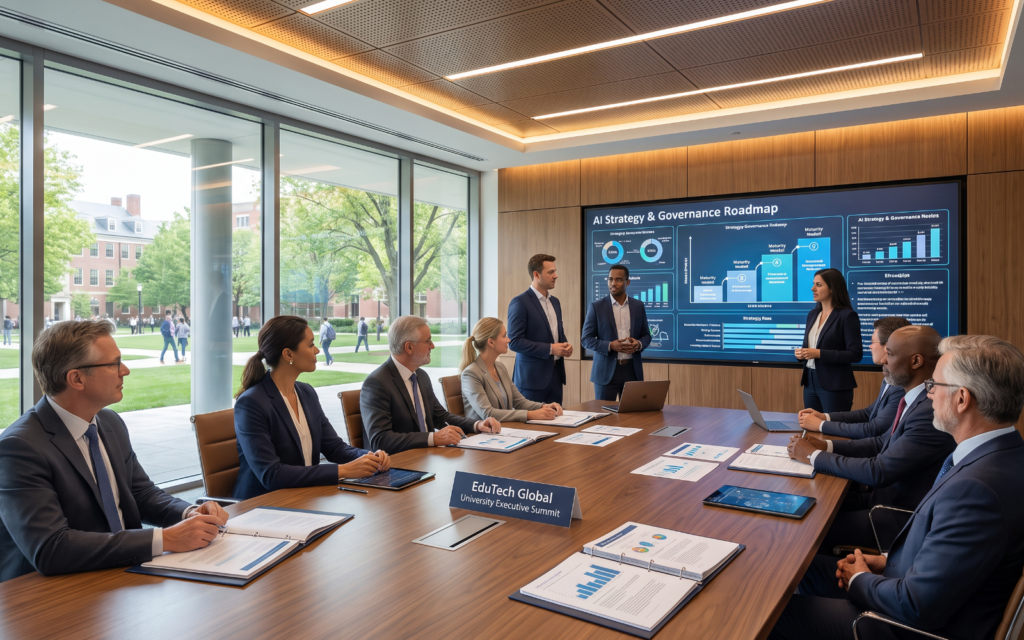 Show EduTech Global consultants working with university leadership to develop an institutional AI strategy. Display AI governance roadmaps, digital maturity assessments, policy development, risk management, and long-term digital transformation planning. The image should emphasize strategic advisory rather than software implementation.