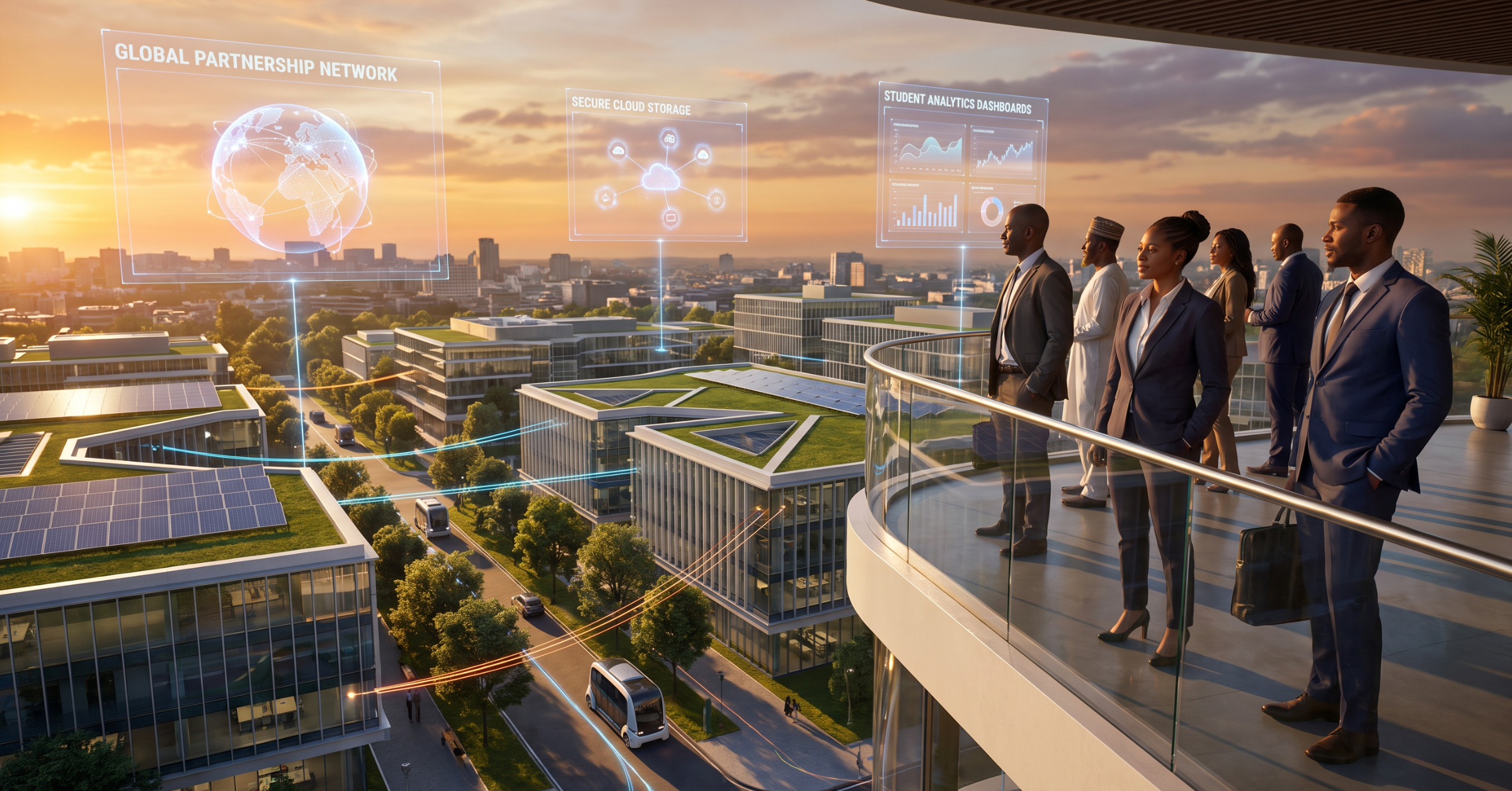 Show a modern African university campus transitioning into the future, with university leaders overlooking a connected digital education ecosystem. Include subtle visual elements representing AI, digital campuses, cloud systems, flexible learning, data analytics, cybersecurity, global partnerships, and new credentials. The image should communicate one main idea: what the university of 2030 could look like.