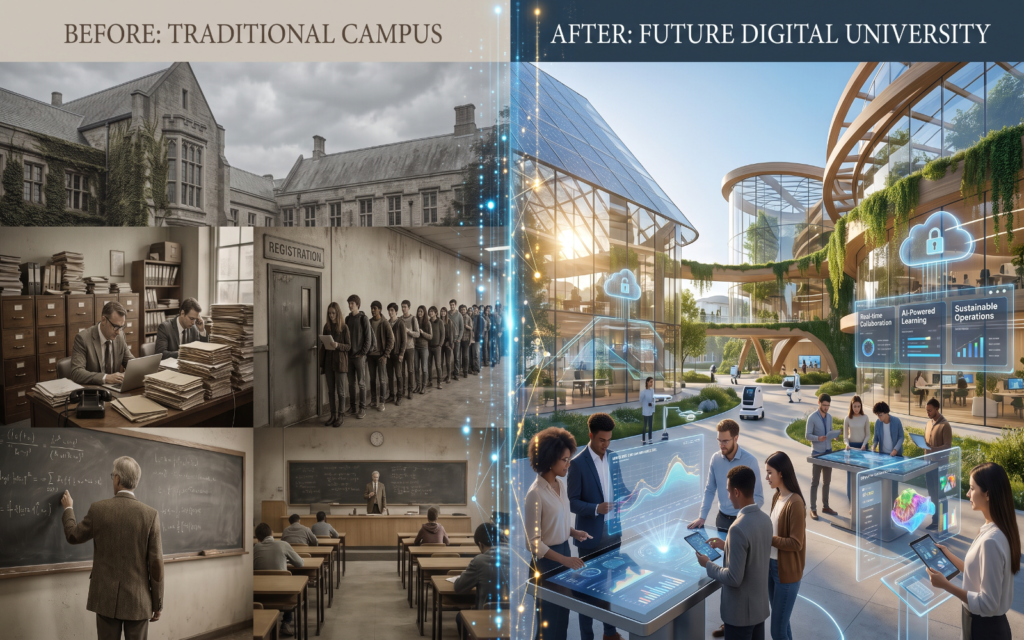 Create a before-and-after visual. Traditional University → Paper processes, disconnected departments, classroom-only learning, separate systems. Future University → Connected student services, AI-supported operations, digital learning, cloud infrastructure, analytics, and flexible education. Keep the transformation visually clear rather than showing too many small details.