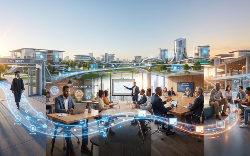 Show how a learner's relationship with a university could change by 2030: Degree → Micro-Credentials → Career → Upskilling → Executive Education → Lifelong Learning Show the same learner progressing through different career stages while continuing to access university education.