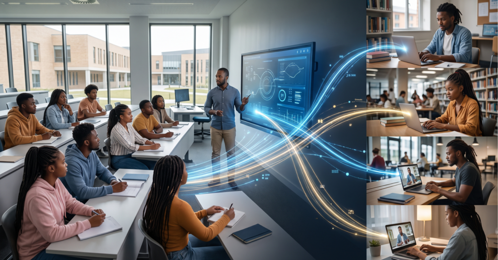 Show African university students participating in the same course through both physical and digital environments. Some students are inside a modern classroom with a lecturer, while others join remotely through laptops. Connect both groups visually to show that online and campus learning form one learning experience, not two separate systems.