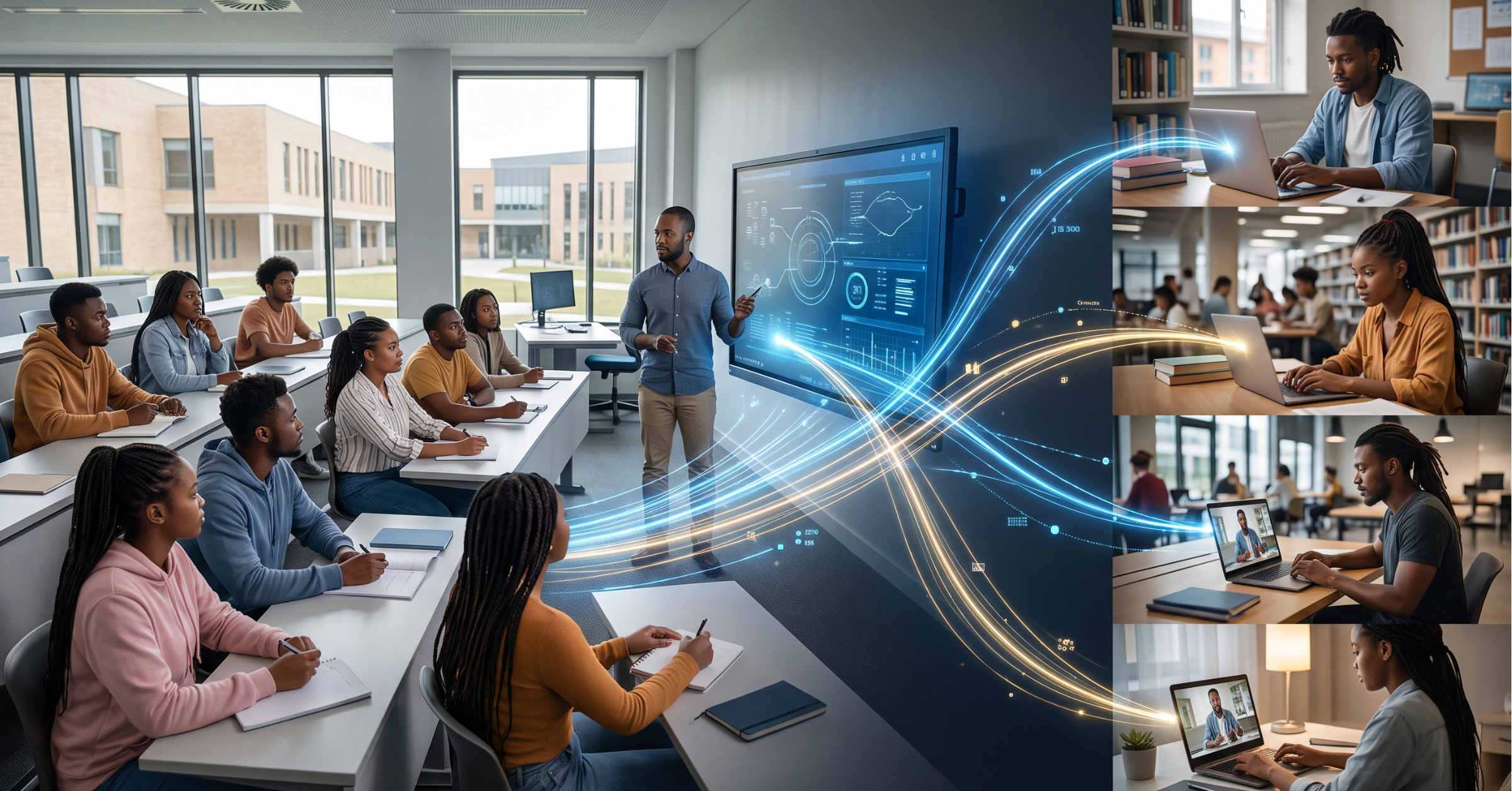 Show African university students participating in the same course through both physical and digital environments. Some students are inside a modern classroom with a lecturer, while others join remotely through laptops. Connect both groups visually to show that online and campus learning form one learning experience, not two separate systems.