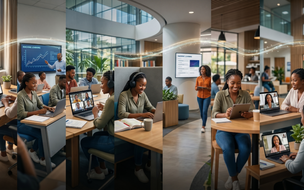 Create a connected learning journey: Pre-Class Online Content → Campus Session → Online Collaboration → Independent Learning → Digital Assessment → Feedback → Student Support Show the same student moving through each stage to demonstrate how physical and digital learning complement each other.