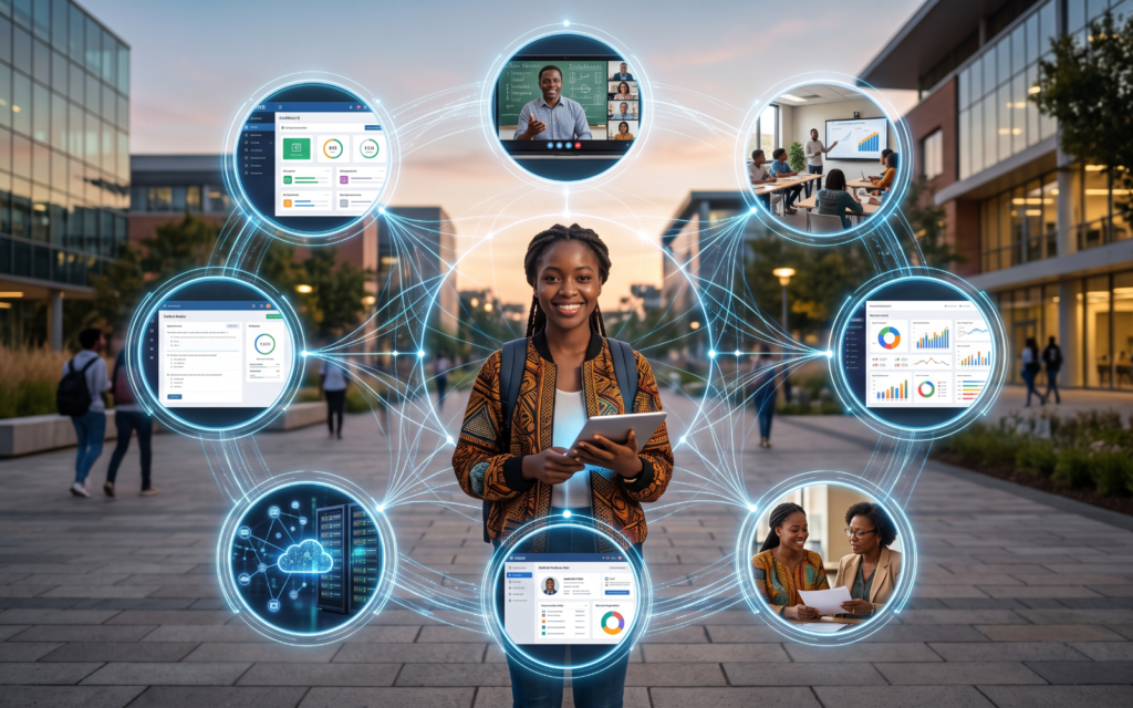 Show a university's blended learning ecosystem with the student at the centre. Surround the student with: LMS Virtual Classroom Campus Teaching Digital Assessments Student Information System Cloud Infrastructure Faculty Support Learning Analytics The image should communicate that technology alone does not create successful blended learning.