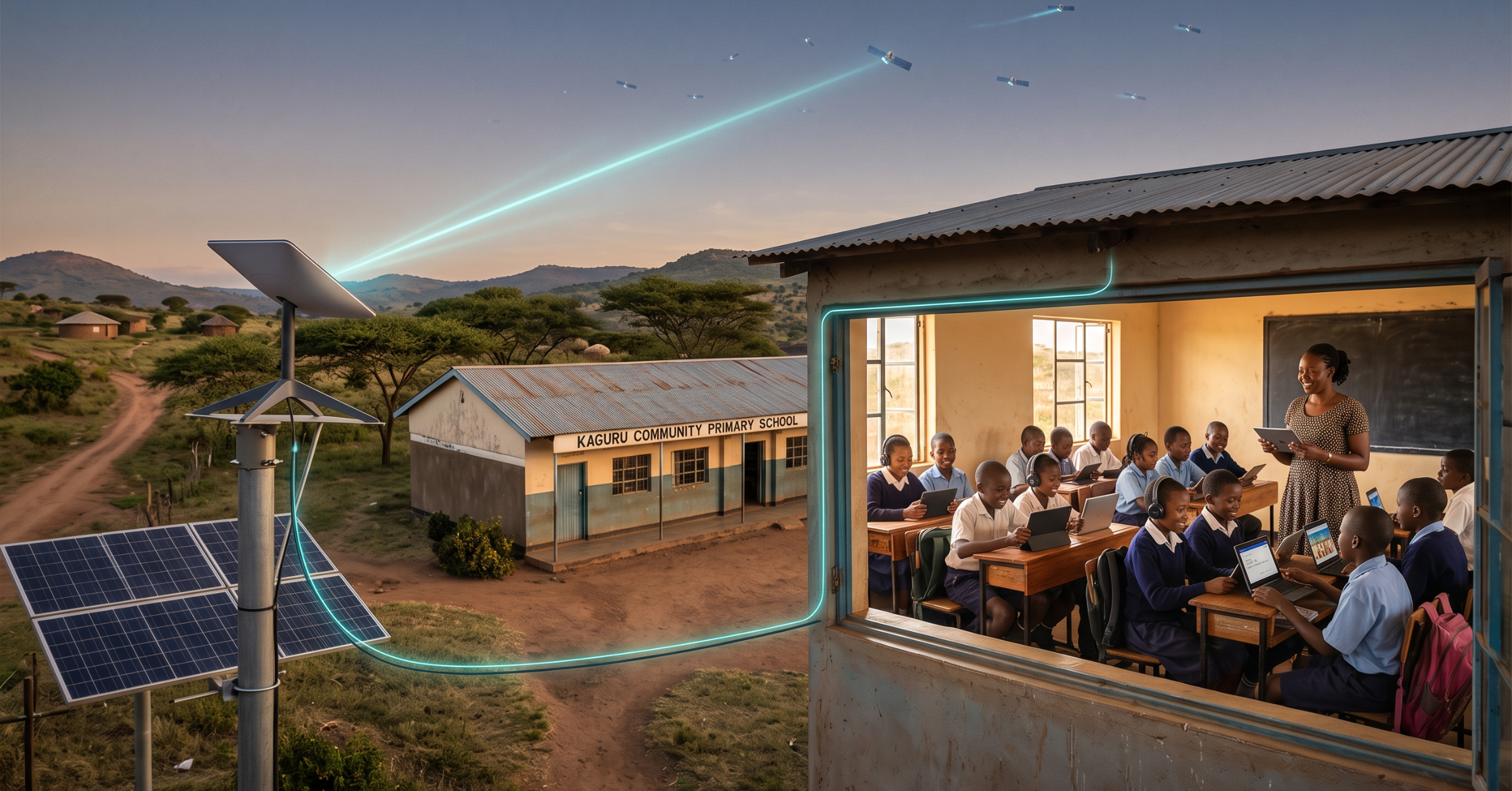 Show a rural African school with students using laptops and tablets in a classroom. Outside the school, show a satellite internet terminal connected visually to satellites in low-Earth orbit. The image should communicate how satellite connectivity can bring digital learning to schools that lack reliable fibre or mobile networks.