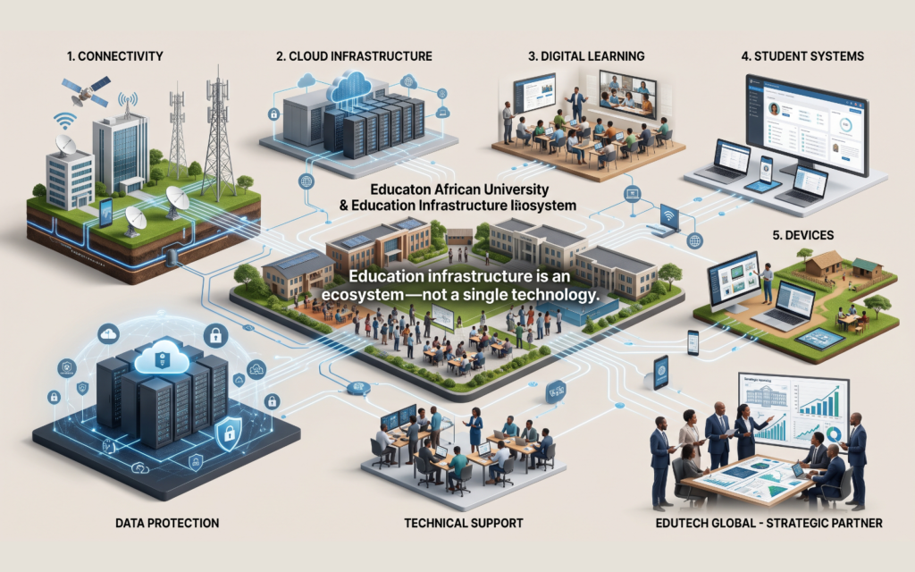 Show a larger African education infrastructure ecosystem connecting: Connectivity Cloud Infrastructure Digital Learning Student Systems Devices Data Protection Technical Support Position EduTech Global as the strategic partner helping institutions and governments plan these connected systems.