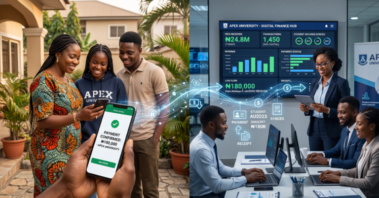 Show African students or parents making digital school fee payments using mobile phones while a university finance team monitors payments through a centralized digital dashboard. Connect the payment system visually to student records, enrollment, receipts, and financial reporting.