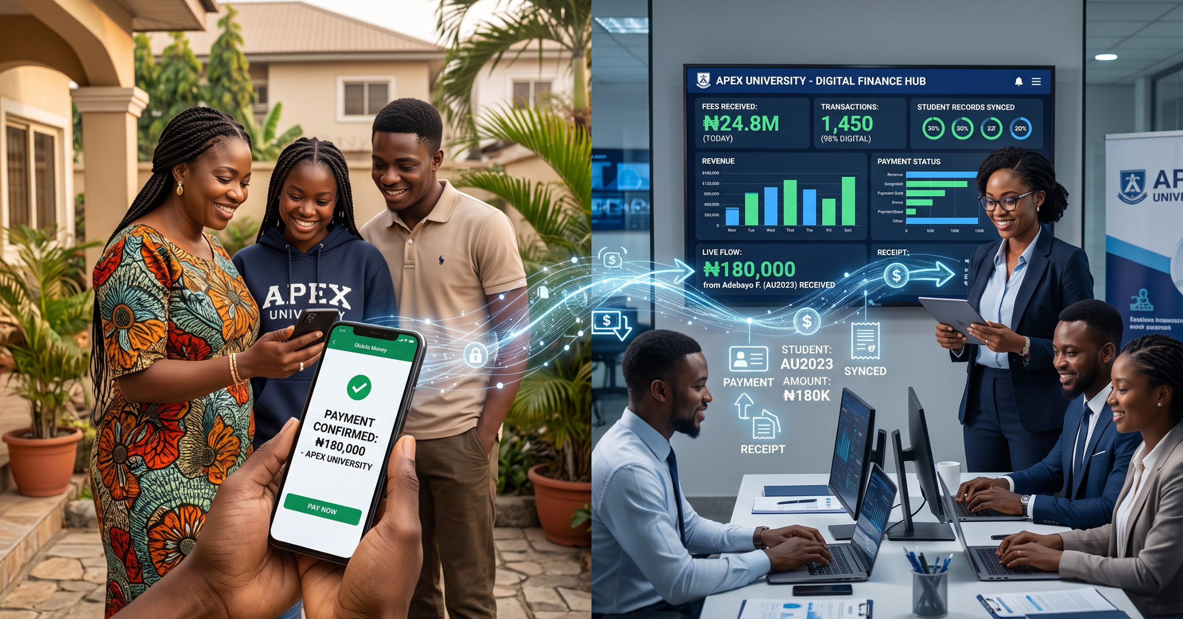 Show African students or parents making digital school fee payments using mobile phones while a university finance team monitors payments through a centralized digital dashboard. Connect the payment system visually to student records, enrollment, receipts, and financial reporting.