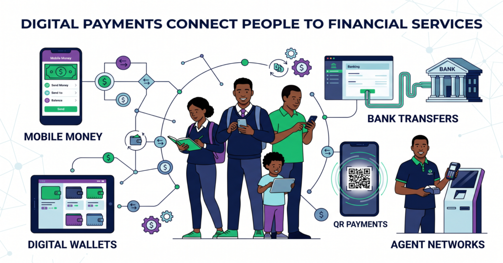 Create an infographic showing: Mobile Money Digital Wallets Bank Transfers QR Payments Agent Networks Show these payment channels connecting students and families to digital financial services.