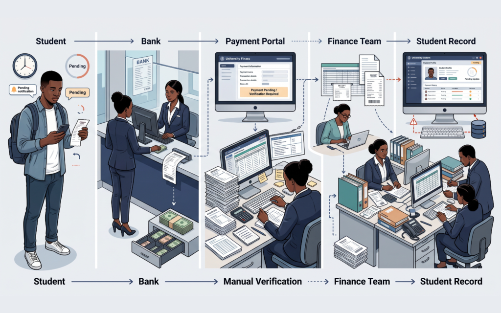 Show a university finance process with multiple disconnected systems: Student → Bank → Payment Portal → Manual Verification → Finance Team → Student Record Highlight delays, manual reconciliation, cash handling, and disconnected databases.