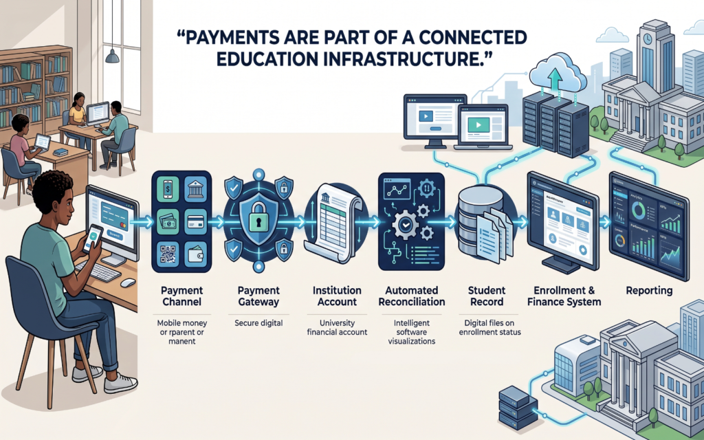 Create a clean workflow: Student/Parent → Payment Channel → Payment Gateway → Institution Account → Automated Reconciliation → Student Record → Enrollment & Finance System → Reporting The visual should show payment as part of a larger education infrastructure system.