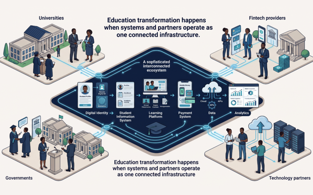 Show education systems working together: Digital Identity → Student Information System → Learning Platform → Payment System → Data → Analytics Include universities, fintech providers, governments, and technology partners around the ecosystem to represent the collaborative infrastructure approach described in the blog.