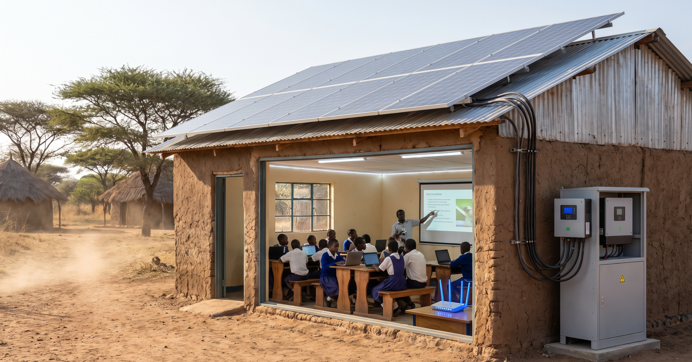 Show a rural African school powered by solar panels and battery storage. Inside the classroom, students use laptops and digital learning tools while reliable lighting and internet equipment operate normally. The image should clearly connect solar energy with access to modern education.