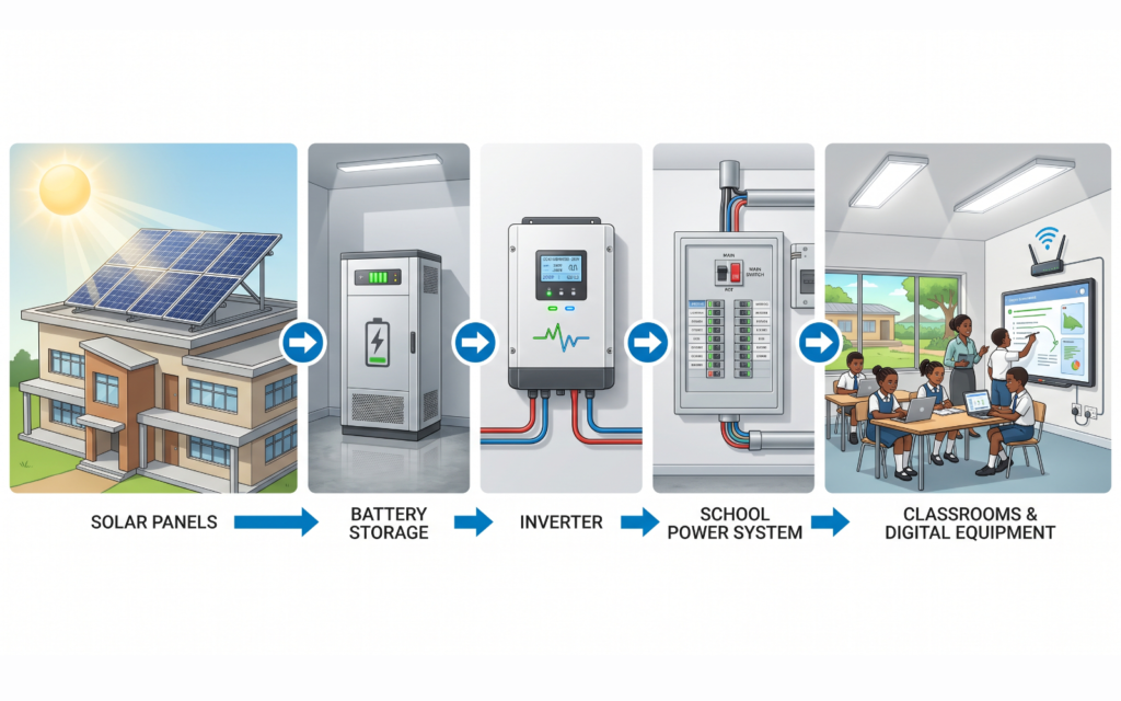 Create a simple visual workflow: Solar Panels → Battery Storage → Inverter → School Power System → Classrooms & Digital Equipment Show the main components clearly without making the technical setup too complex.