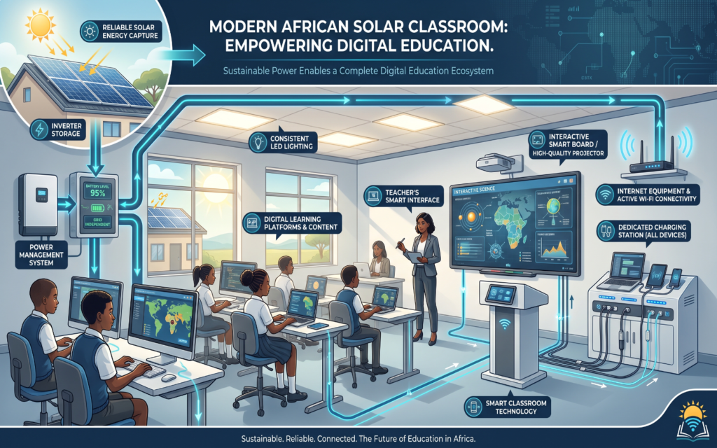 Show a classroom with different systems powered by solar energy: Lighting Computers Internet Equipment Projectors Smart Classroom Technology Charging Stations Digital Learning Platforms The key message should be that reliable electricity enables the wider digital education ecosystem.