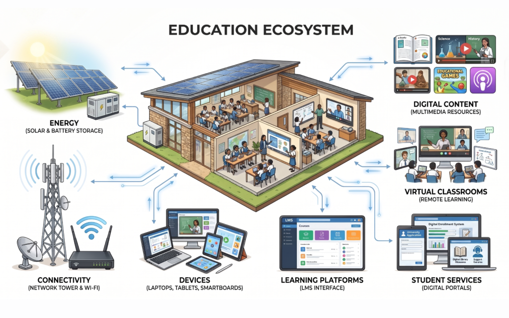 Create a connected infrastructure flow: Energy → Connectivity → Devices → Learning Platforms → Digital Content → Virtual Classrooms → Student Services Use one African school as the central point to show how these infrastructure layers work together.