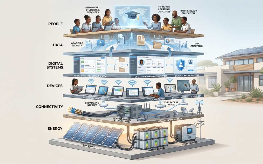 Create a layered infographic: Layer 1: Energy Layer 2: Connectivity Layer 3: Devices Layer 4: Digital Systems Layer 5: Data Layer 6: People Show solar power at the foundation and digital education systems at the upper layers. The visual should communicate that successful digital education requires the full infrastructure stack.