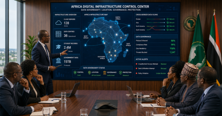 Show African university and government technology leaders reviewing a digital infrastructure dashboard displaying cloud servers, data centres, student records, government data, and cross-border data flows. Include an African map with subtle data connections to different regions. The main idea should be control, location, governance, and protection of institutional data.