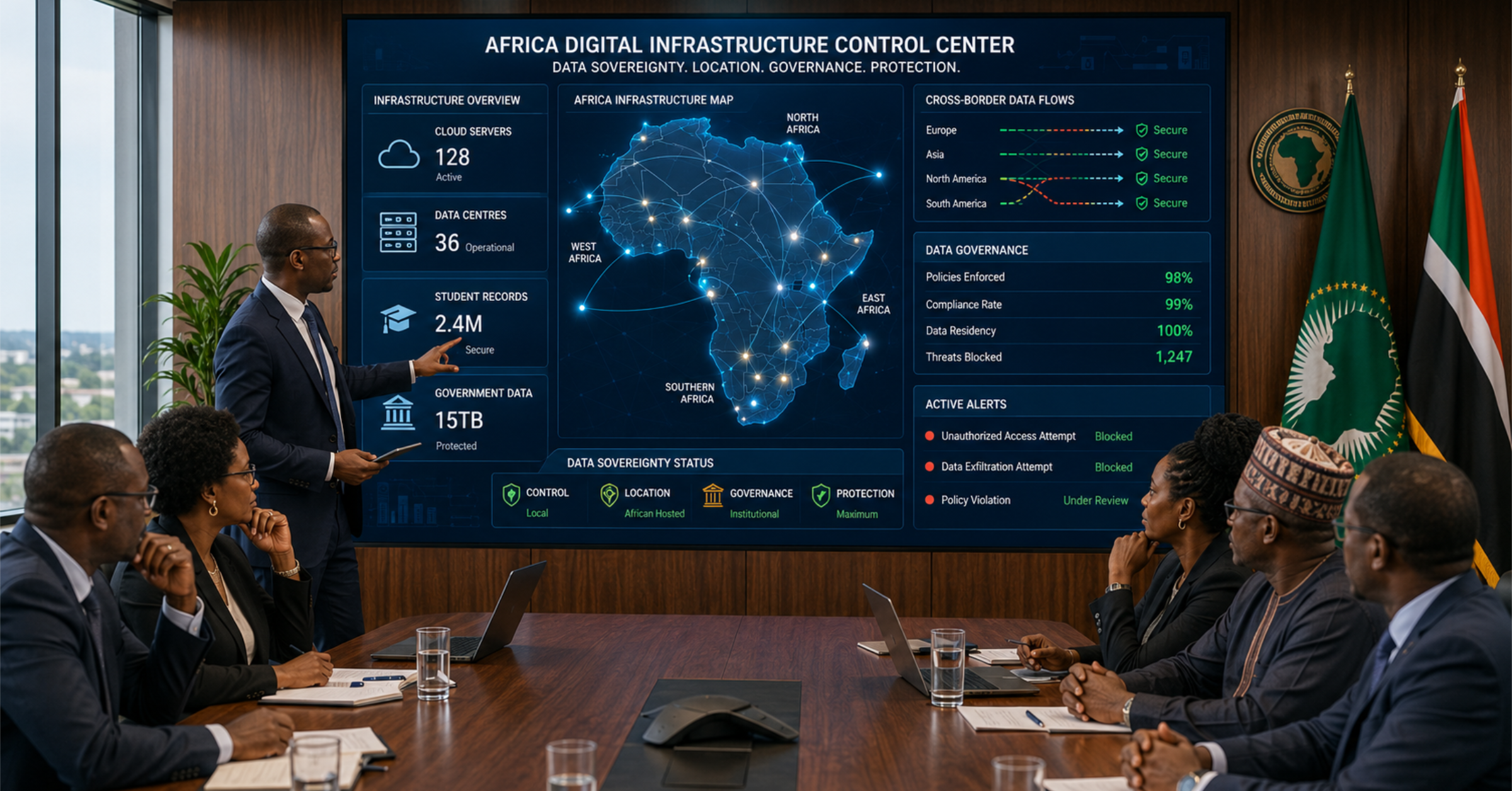 Show African university and government technology leaders reviewing a digital infrastructure dashboard displaying cloud servers, data centres, student records, government data, and cross-border data flows. Include an African map with subtle data connections to different regions. The main idea should be control, location, governance, and protection of institutional data.