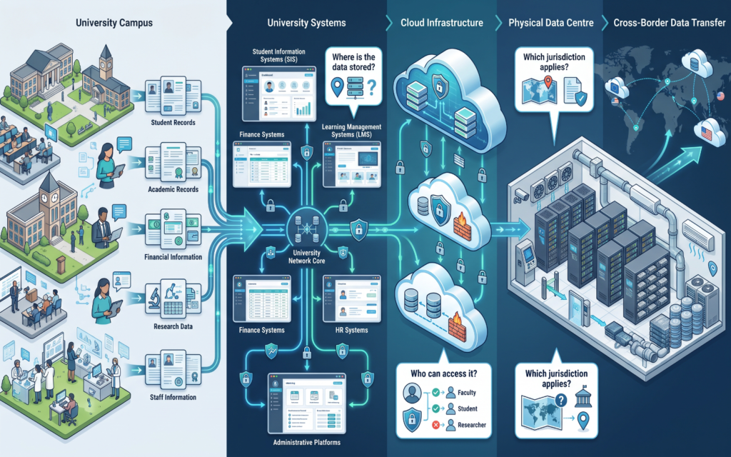 Show a university's data journey: Student Information → University Systems → Cloud Infrastructure → Data Centre → Cross-Border Transfer Include student records, academic records, financial information, research data, and staff information. Highlight that institutions need to know where data is stored, who can access it, and which jurisdiction applies.