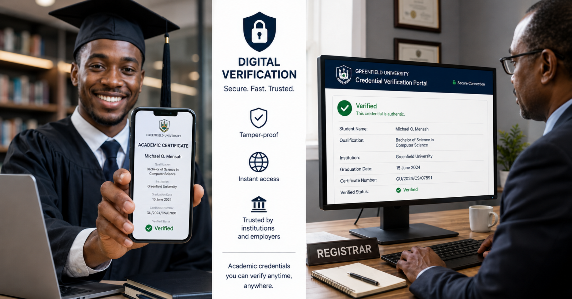 a university graduate or employee presenting a digital academic certificate on a smartphone or laptop. On the other side, show a university registrar or employer verifying the credential through a secure digital verification portal. The screen should show: Student name Qualification Institution Graduation date Certificate number Verified status The main message should be clear: academic credentials can be verified digitally instead of relying only on physical documents.
