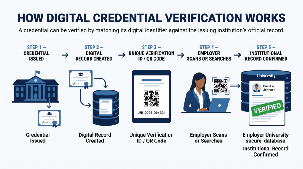 a step-by-step workflow: Credential Issued → Digital Record Created → Unique Verification ID / QR Code → Employer Scans or Searches → Institutional Record Confirmed Show the verification happening against an official university record.