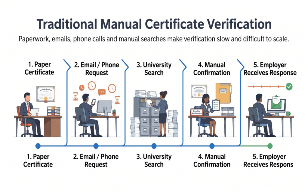 an employer holding a paper certificate while trying to contact a university. Visualize the process: Paper Certificate → Email / Phone Request → University Search → Manual Confirmation → Employer Receives Response Show delays, emails, files, and administrative workload to communicate why verification becomes difficult at scale.