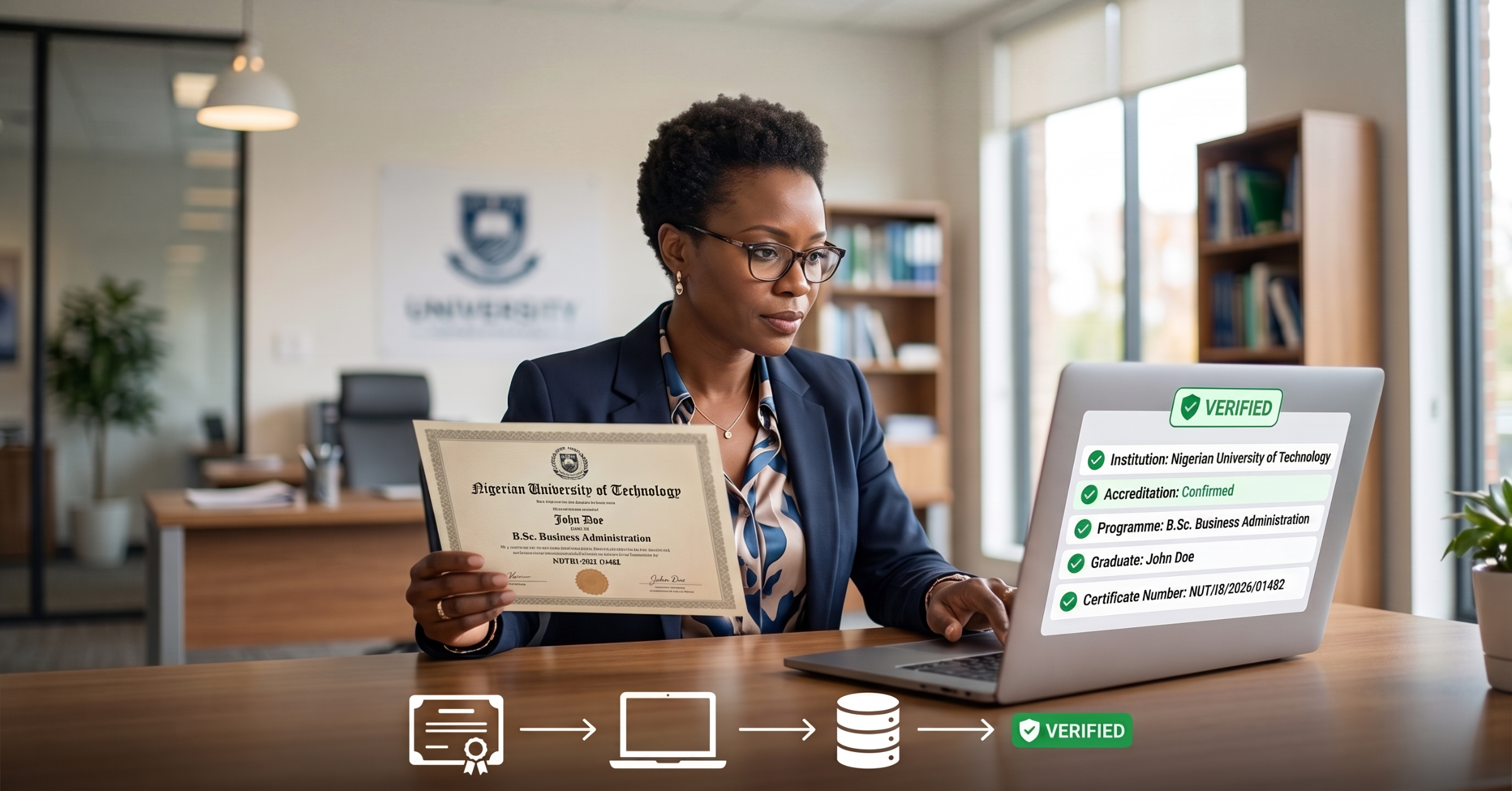 an HR professional or university administrator examining a Nigerian degree certificate on a laptop and physical document. Include a verification screen showing: Institution → Accreditation → Programme → Graduate → Certificate Number → Verification Status Use a subtle "Verified" and "Needs Verification" contrast rather than making the image look like a crime scene. The main message should be: don't judge a certificate by appearance alone. Verify it through authoritative records.