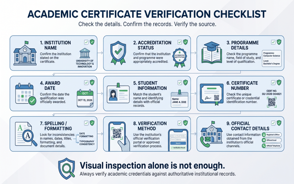 a practical checklist infographic showing: Institution Name Accreditation Status Programme Details Award Date Student Information Certificate Number Spelling / Formatting Verification Method Official Contact Details Add a clear message at the bottom: "Visual inspection alone is not enough."