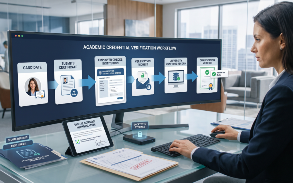 an HR professional reviewing a candidate's qualification. Create the workflow: Candidate Submits Certificate → Employer Checks Institution → Verification Request → University Confirms Record → Qualification Verified Include consent, secure records, and verification documentation as supporting elements.