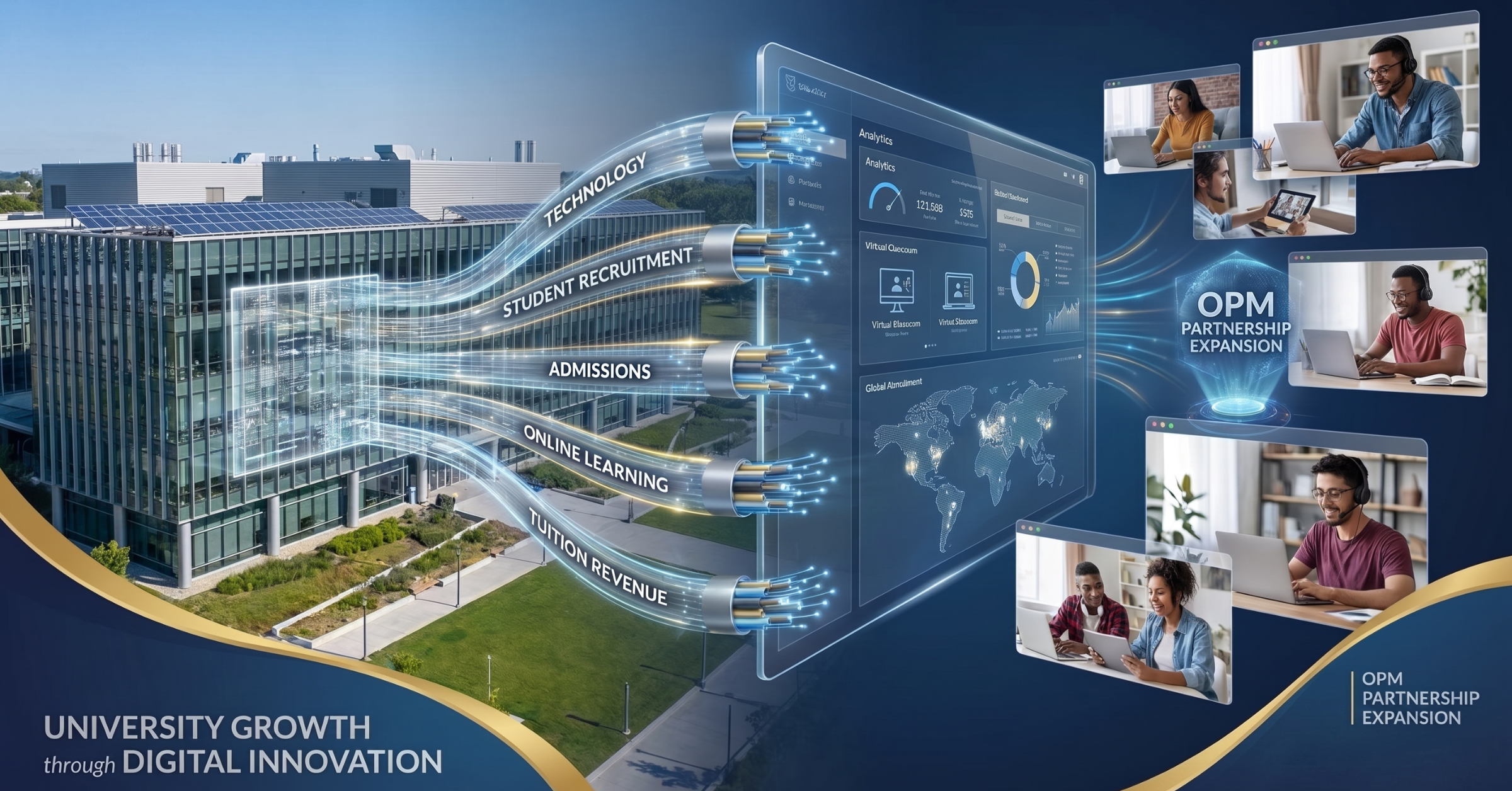 A modern university campus connected to a digital education ecosystem. Show a university building on one side and a digital platform interface on the other, connected through clear visual pathways representing technology, student recruitment, admissions, online learning, and tuition revenue. Include diverse university students studying remotely through laptops and tablets. The overall composition should communicate university expansion through an OPM partnership, with a premium corporate and higher-education feel.
