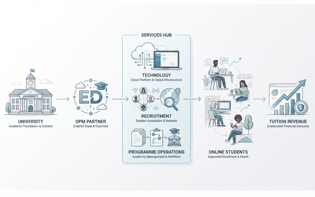 Create a clean visual flow showing: University → OPM Partner → Technology + Recruitment + Programme Operations → Online Students → Tuition Revenue Use simple icons for each stage, with a university at the starting point and a growing group of online students at the end. Make the flow easy to understand at a glance.