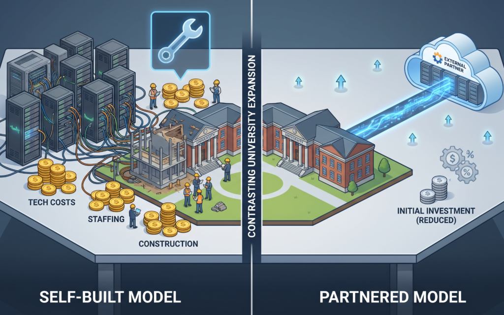 Show two contrasting university expansion models side by side. Left: a university building its own digital infrastructure, surrounded by servers, technology costs, staff, and construction symbols. Right: a university connected to an external digital infrastructure partner, with the initial investment burden visibly reduced. Use subtle financial symbols to represent revenue sharing rather than making it look like a banking advertisement.