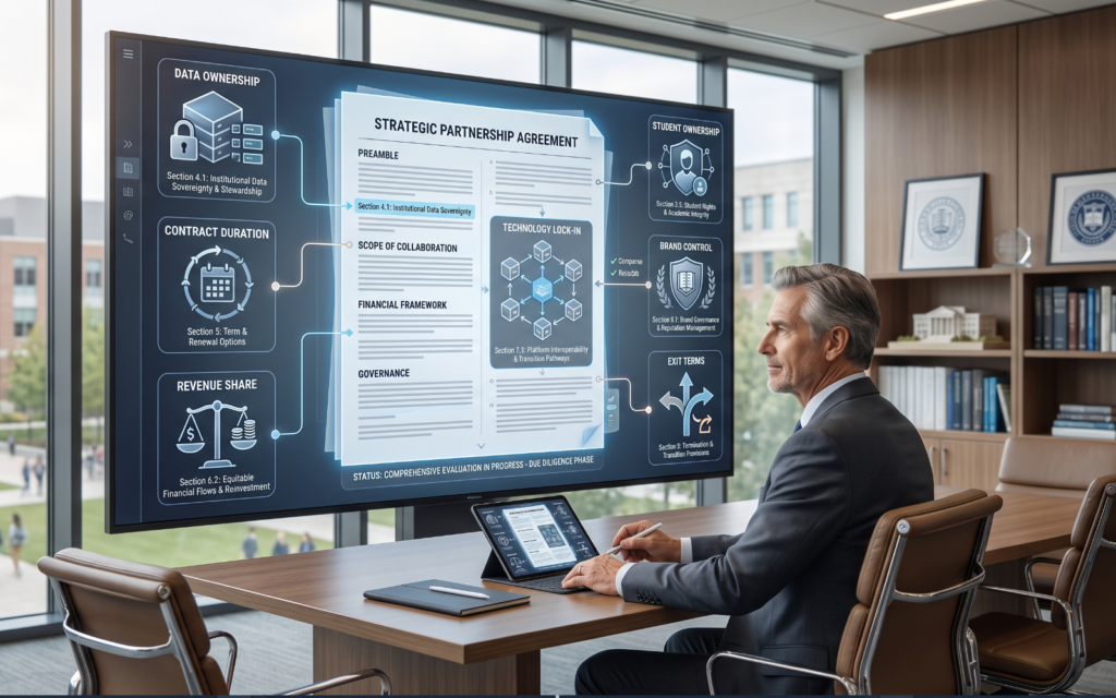 Create a conceptual image of a university executive reviewing a partnership agreement on a large digital screen. Around the screen, show visual markers for data ownership, contract duration, revenue share, technology lock-in, student ownership, brand control, and exit terms. The image should communicate careful evaluation rather than danger or fear.