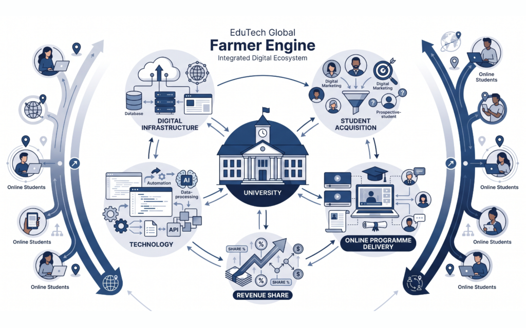 Create a sophisticated digital ecosystem representing EduTech Global's Farmer Engine. Place a university at the centre, connected to digital infrastructure, student acquisition, online programme delivery, technology, and revenue-share components. Show the system expanding outward to reach students in different locations. Keep the design strategic and technology-focused, suitable for an executive audience.