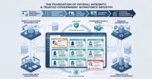 Show a government payroll database represented as a large digital employee registry. Some employee records appear clearly verified with identity indicators, while a few duplicate or unidentified records are highlighted for review. Connect the registry to payroll and government administration systems in the background. The visual should communicate the core idea that payroll integrity begins with a trusted, continuously verified workforce registry.