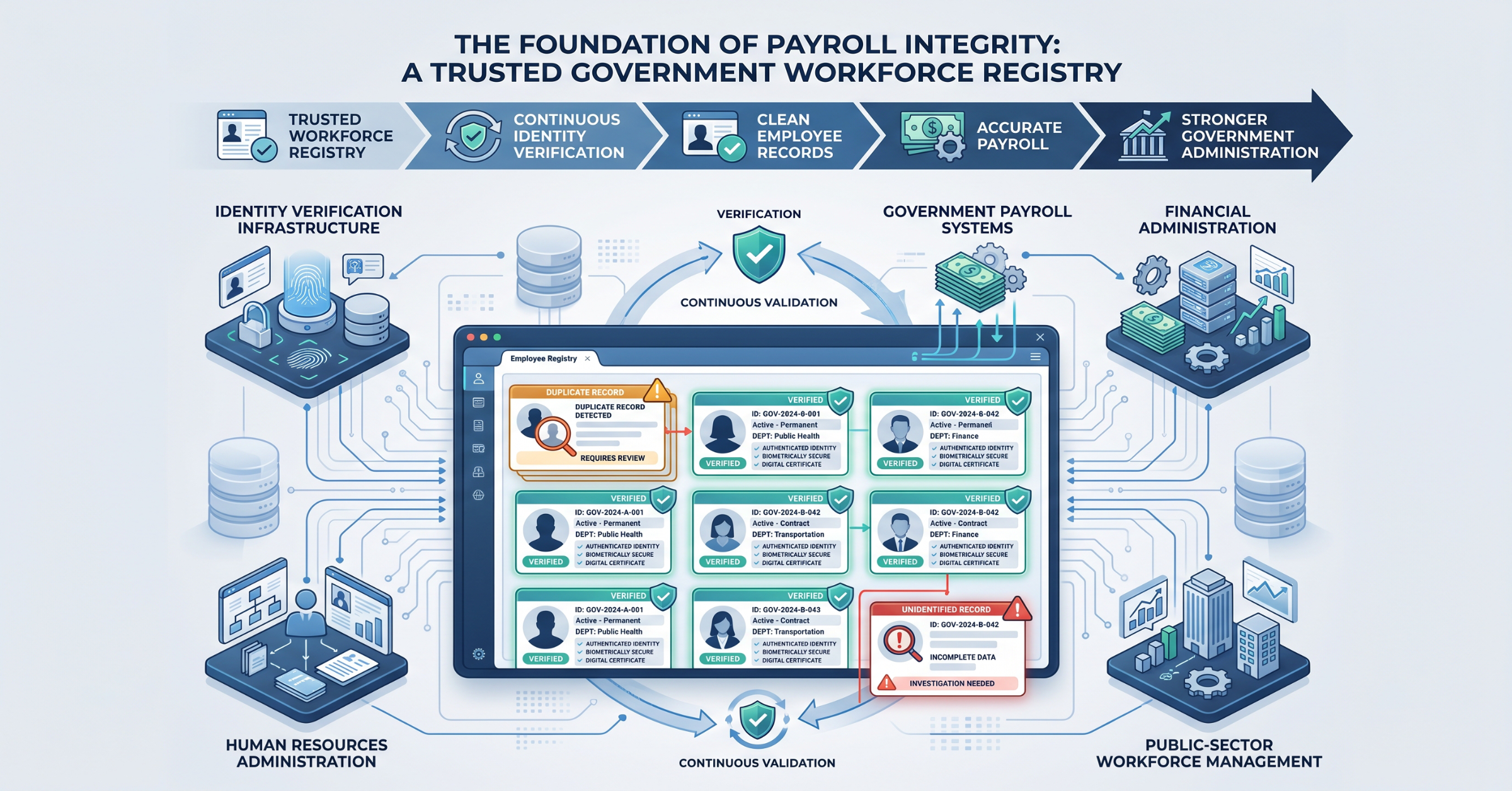 Show a government payroll database represented as a large digital employee registry. Some employee records appear clearly verified with identity indicators, while a few duplicate or unidentified records are highlighted for review. Connect the registry to payroll and government administration systems in the background. The visual should communicate the core idea that payroll integrity begins with a trusted, continuously verified workforce registry.
