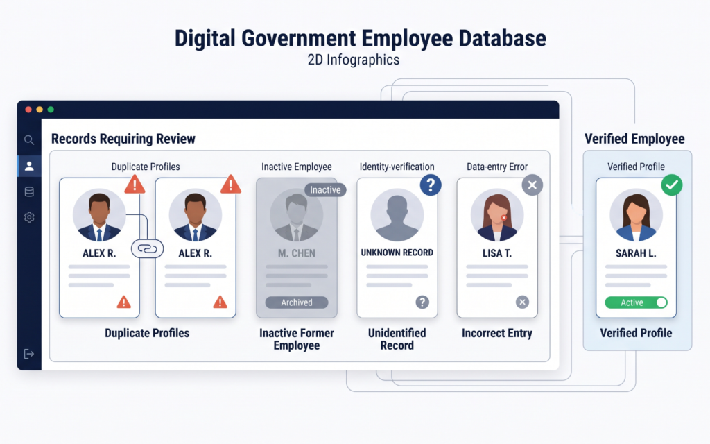 Create a digital employee database showing several types of problematic records: duplicate employee profiles, an inactive former employee, an unidentified record, and an incorrect employee entry. Beside them, show a clean verified employee profile. Use simple visual markers to distinguish verified and questionable records.