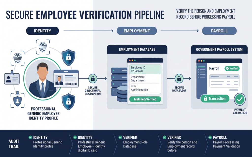 a conceptual visual showing an employee identity record connected securely to an employment database and then to a payroll system. Include biometric verification, employee status, payroll validation, and audit trail elements. The central message should be: verify the person and employment record before processing the payroll.