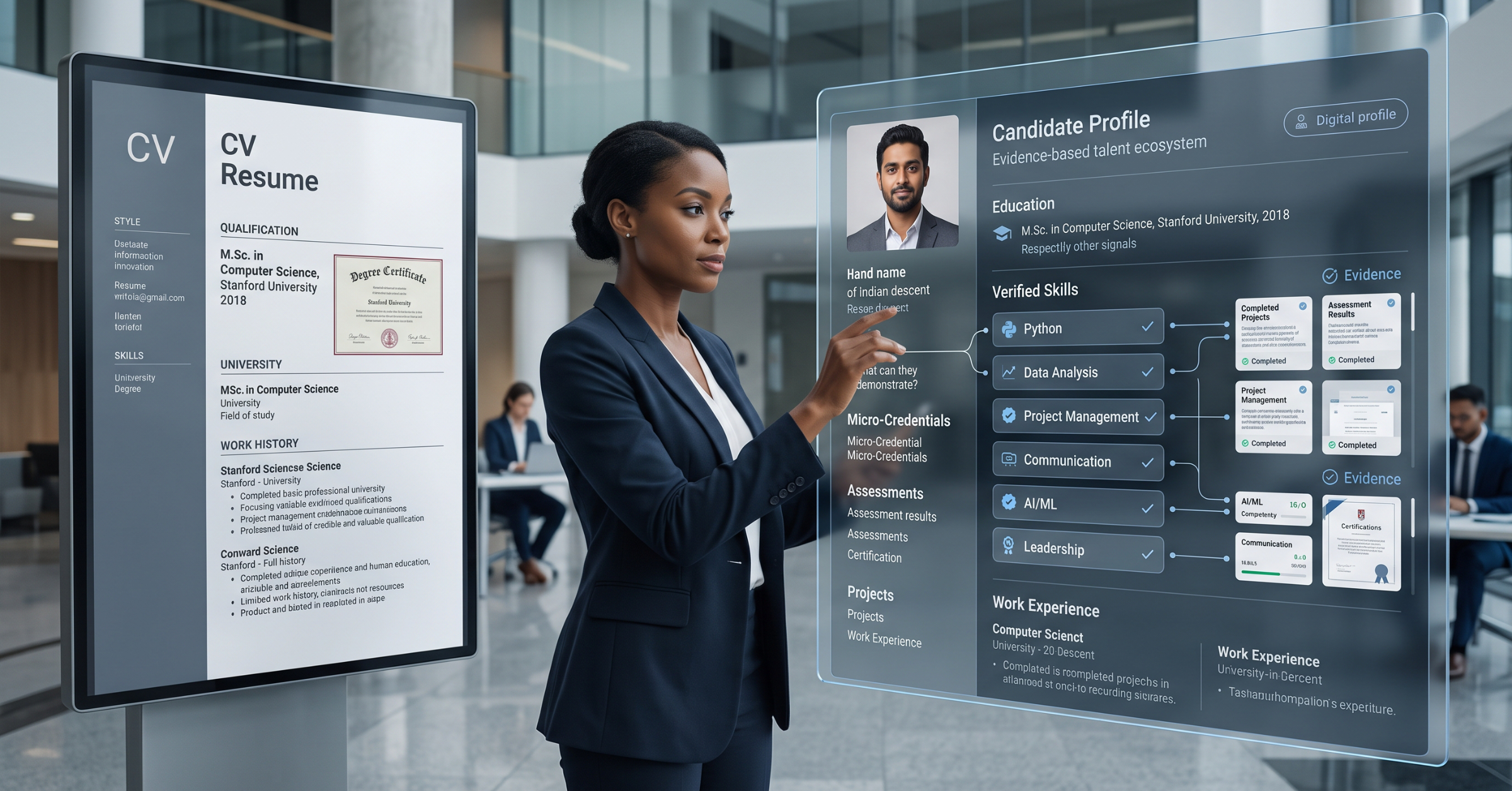 a premium editorial visual showing a modern recruiter evaluating a candidate through a large digital skills profile, rather than simply looking at a degree certificate. The profile should visually combine: Education | Verified Skills | Micro-Credentials | Assessments | Projects | Work Experience On one side, show a traditional CV dominated by a degree qualification. On the other, show a richer talent profile where specific skills have verification badges and evidence attached to them. The visual should communicate the article's central argument: The future of hiring isn't necessarily credential-free — it's skills-focused and verification-driven. Use diverse international professionals. Avoid making the degree look obsolete; show it as one signal among several.