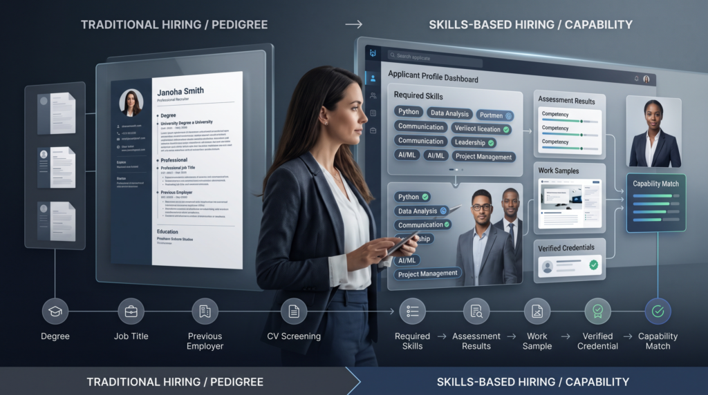 a split-screen recruitment interface. Traditional Hiring: Degree → Job Title → Previous Employer → CV Screening Skills-Based Hiring: Required Skills → Assessment → Work Sample → Verified Credential → Capability Match Show a recruiter moving from the traditional CV toward a more detailed skills profile. Make the contrast visual rather than simply placing two columns of text. Use applicant profiles, skill tags, assessment results and verification symbols to show how the hiring lens changes.