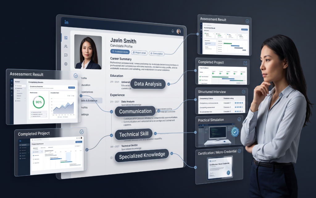 a large digital candidate profile where each claimed skill opens a different piece of evidence: Data Analysis → Assessment Result Project Management → Completed Project Communication → Structured Interview Technical Skill → Practical Simulation Specialized Knowledge → Certification / Micro-Credential Connect each skill to its evidence using verification lines/checkmarks. The visual should make the distinction between “I have this skill” and “Here is evidence that I have this skill.”
