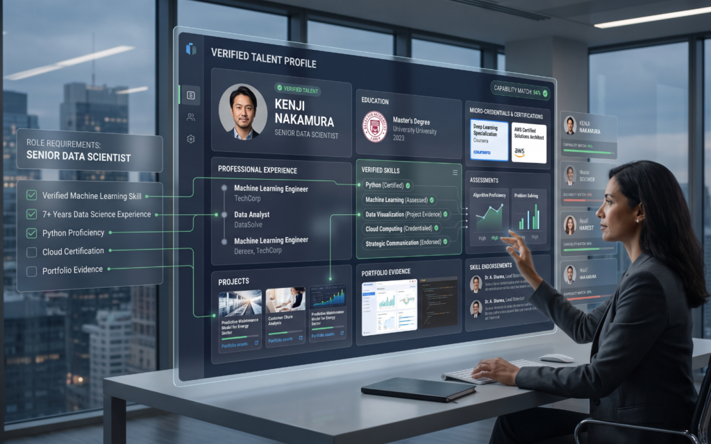 a futuristic but realistic Verified Talent Profile dashboard. Instead of a traditional résumé, the profile contains interconnected modules: Education Professional Experience Verified Skills Micro-Credentials Certifications Assessments Projects Portfolio Evidence Skill Endorsements Show a recruiter searching for a specific role and the platform highlighting candidates whose verified capabilities match the role requirements. Subtly incorporate the idea of talent matching and verified talent badges without turning the visual into a product advertisement.