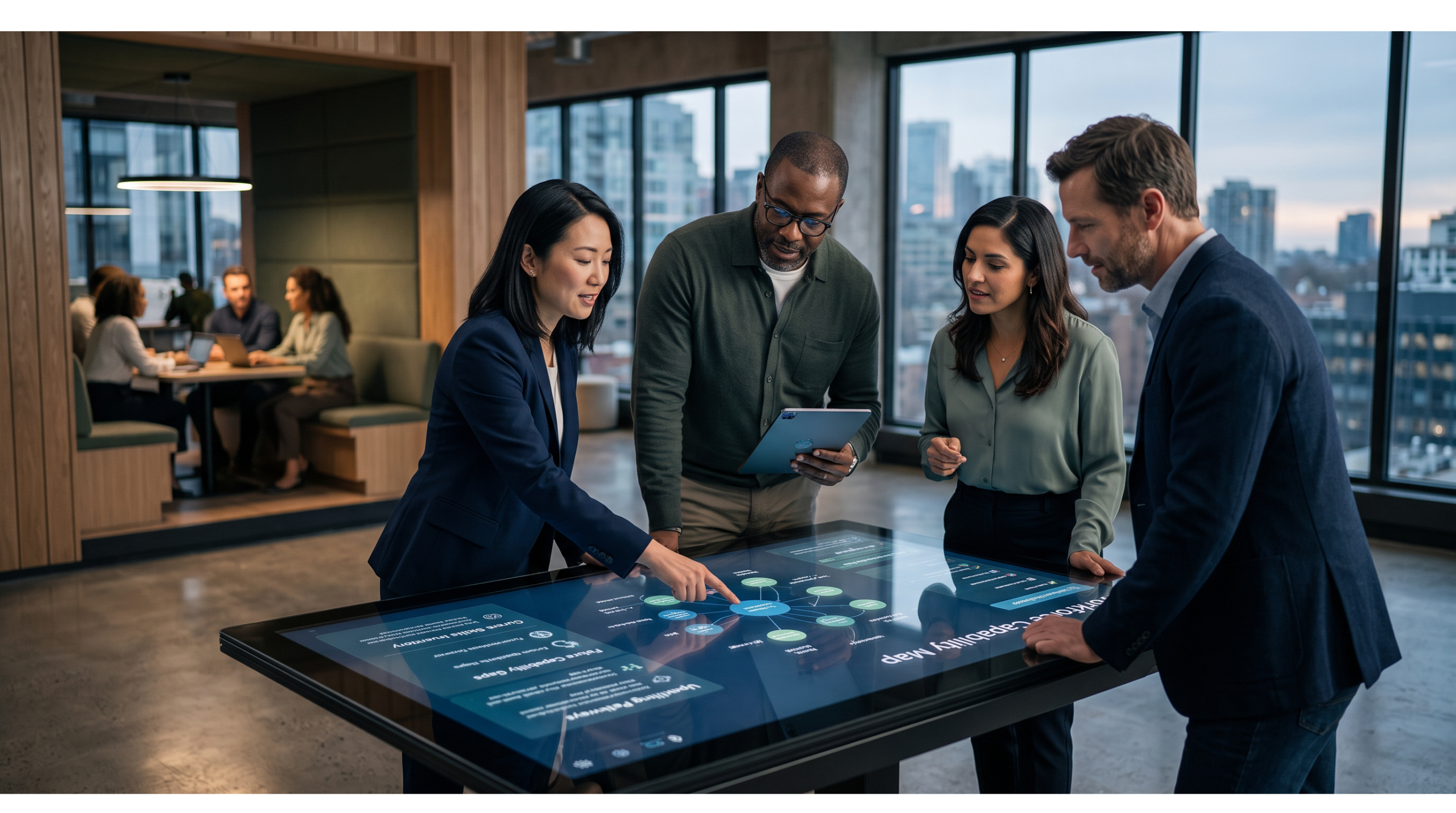 a cinematic enterprise visual showing a large, diverse workforce moving from today's skills → future capabilities. On the left, employees are surrounded by current workplace technologies and skill profiles. In the centre, a digital skills transformation engine analyzes changing business requirements and identifies capability gaps. On the right, employees emerge with new skills represented through AI, data, digital tools, leadership, problem-solving and other future-oriented capabilities, moving into evolving roles. The visual should communicate: Identify Skills → Develop People → Measure Capability → Build Future Workforce Avoid the generic “employees sitting in an online training session” concept. Make the workforce transformation itself the hero. reskilling and upskilling